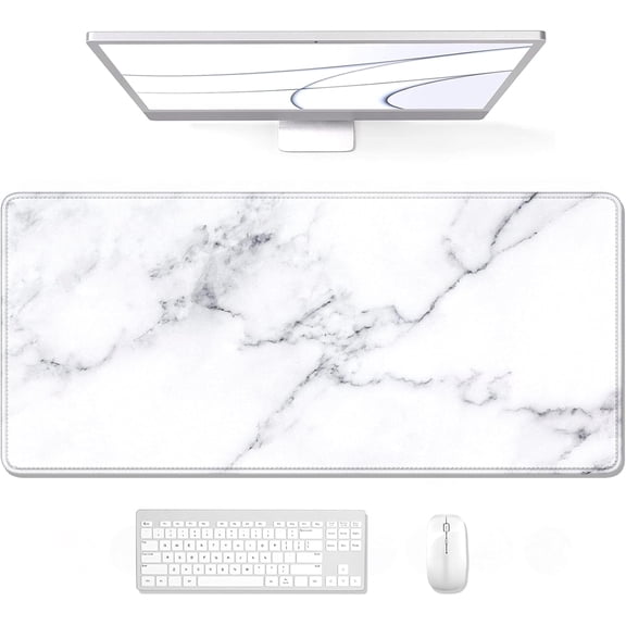 Desk Pad, XL Extended Large Gaming Mouse Pad 31.5x11.8 Inch, Waterproof Mousepad with Stitched Edges, Non-Slip Computer Keyboard Laptop Mat for Office Work, White Marble Design, X-Large