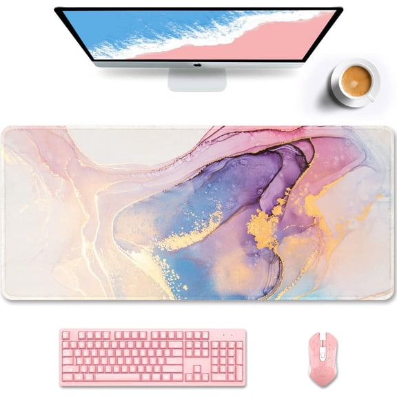 Desk Pad, XXL Large Mouse Pad, Extended Gaming Mousepad, Cute Desk Mat for Women, Big Office Accessories Mouse Pad for Computer Keyboard and Laptop, 35.5 x 15.7 Inch, Purple Pink Marble
