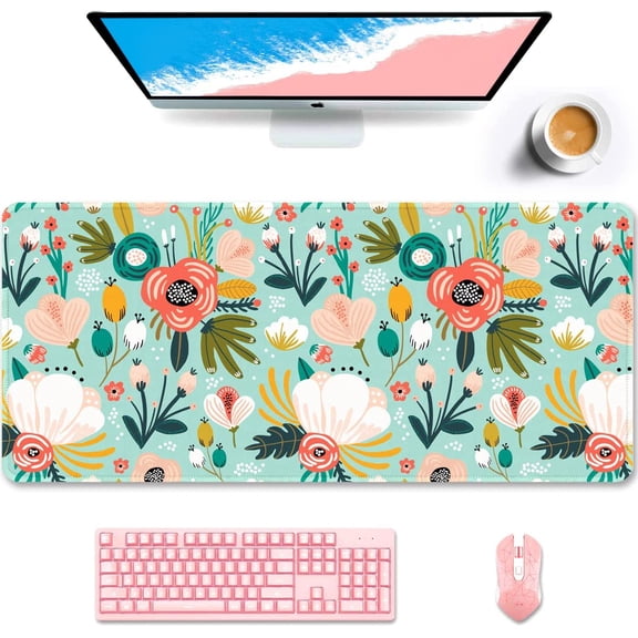 Desk Pad, XXL Large Mouse Pad, Extended Gaming Mousepad, Cute Desk Mat for Women, Big Office Accessories Mouse Pad for Computer Keyboard and Laptop, 35.5 x 15.7 Inch, Floral Green Flowers