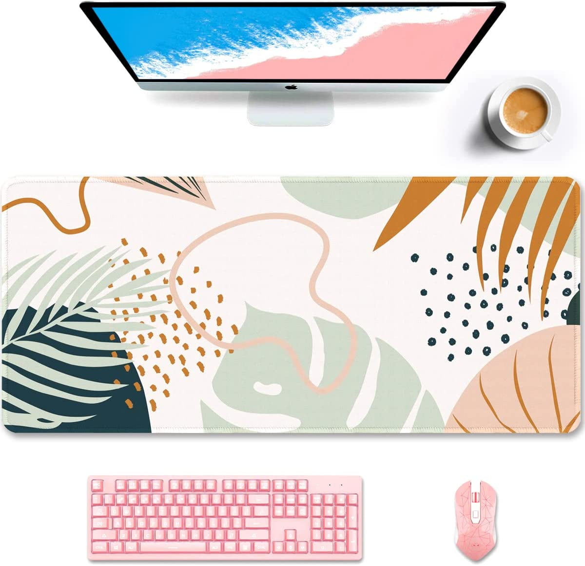 Desk Pad, XXL Large Mouse Pad, Extended Gaming Mousepad, Cute Desk Mat for Women, Big Office Accessories Mouse Pad for Computer Keyboard and Laptop, 35.5 x 15.7 Inch, Green Boho Style