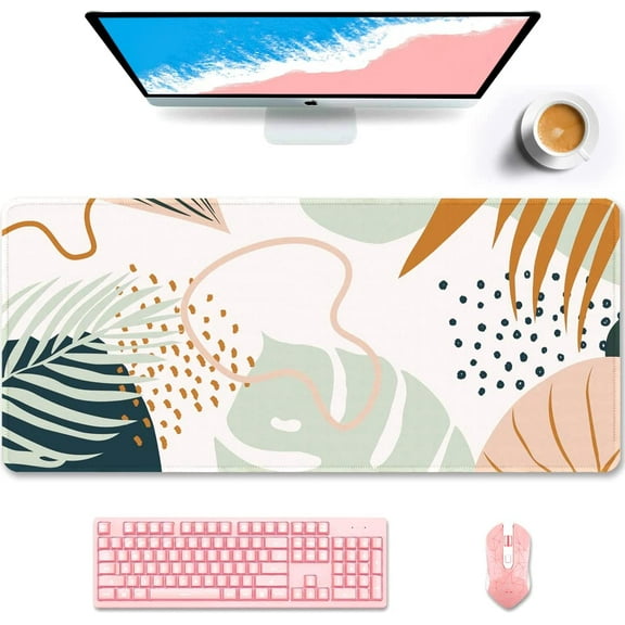 Desk Pad, XXL Large Mouse Pad, Extended Gaming Mousepad, Cute Desk Mat for Women, Big Office Accessories Mouse Pad for Computer Keyboard and Laptop, 35.5 x 15.7 Inch, Green Boho Style