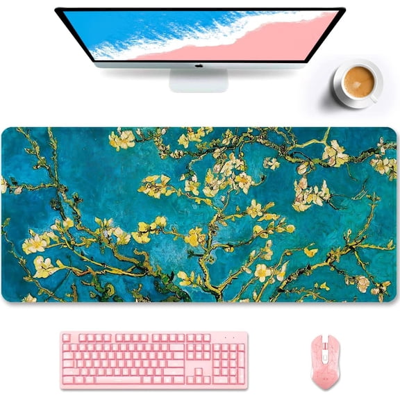 Desk Pad, XXL Large Mouse Pad, Extended Gaming Mousepad, Cute Desk Mat for Women, Big Office Accessories Mouse Pad for Computer Keyboard and Laptop, 35.6" x 15.7", Teal Van Gogh Almond Tree