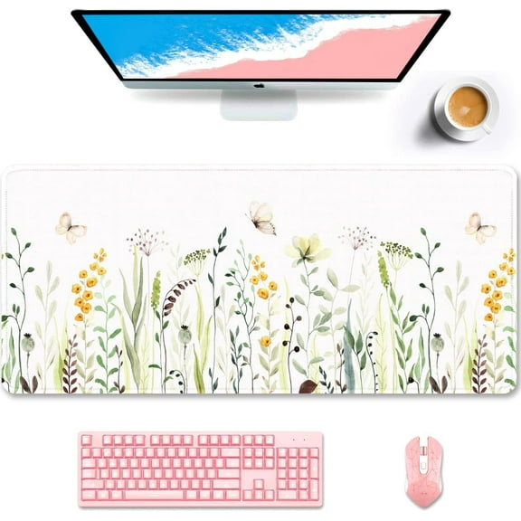 Desk Pad, XXL Large Mouse Pad, Extended Gaming Mousepad, Cute Desk Mat for Women, Big Office Accessories Mouse Pad for Computer Keyboard and Laptop, 35.6" x 15.7", White Wildflower Butterfly