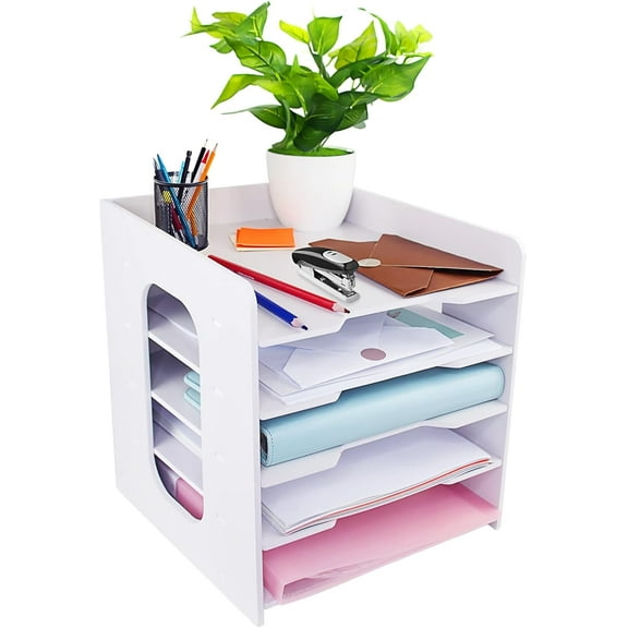 Desk Paper Storage Tray 5 Tier, File Organizer Paper Sorter Mail Letter Holder Tray Desktop Document Paper Tray White File Tray Rack for Office School Home Magazine Scrapbook Paper Folders ,1210