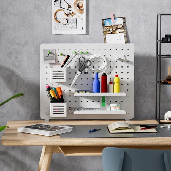 Desk Pegboard, Desk Organizer for Office Gaming Home, Magnetic Metal Peg Board with 15 Accessories, Privacy Panel for Office, 20.4" x 16.5", Large, White