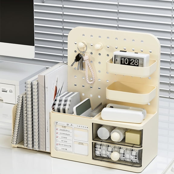Desk Pegboard Organizer Box Set | Adjustable Plastic Storage Solution for Pens, Books, Stationery | Retractable Book Stand, Customizable Layout, Space-Saving Design for Office Desk, Dorm Room, Study