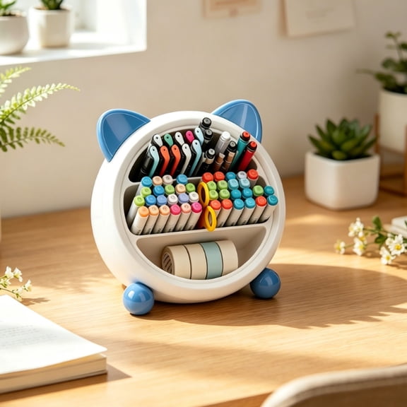 Desk Pen Holder, Ear Shaped Storage Cup with Multi-Grid Divided Structure, Slanted Opening for Easy Access, Cute Plastic Organizer for Study Room, Blue