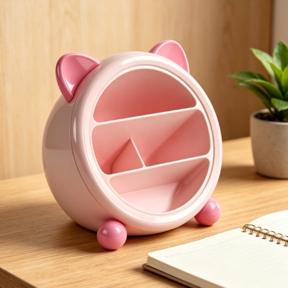 Desk Pen Holder, Ear Shaped Storage Cup with Multi-Grid Divided Structure, Slanted Opening for Easy Access, Cute Plastic Organizer for Study Room, Pink