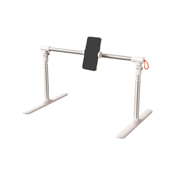 Desk Phone and Tablet Stand with Lift Column Pull Push Rail 360 Degree Viewing Angle and Foldable White Support Base