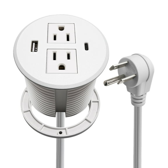 Desk Power Grommet USB C, PD Fast Charge Desktop Power Strip 2 Outlets 2 USB Ports (Total 30W) Recessed Flat Plug Extension Cord Mount into Countertop Shelf Cabinet End Table White