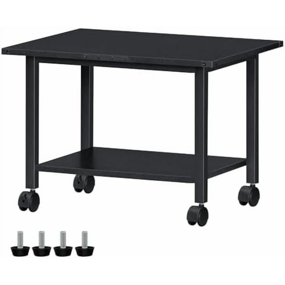 Under Desk Printer Stand, 2-Tier Industrial Mobile Printer Table with Storage Shelf and Steel Frame, Rolling Printer Cart Holder with Lockable Wheels for Home, Office (Black)