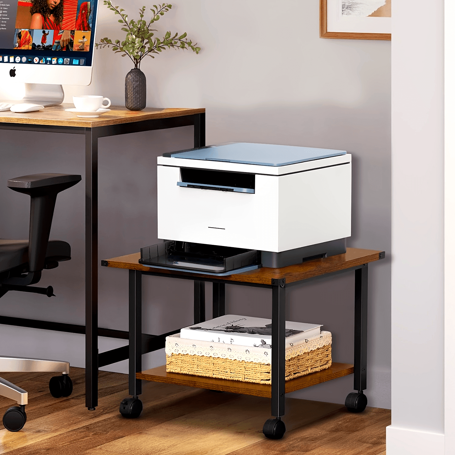 Under Desk Printer Stand - 2-Tier Industrial Mobile Printer Table With ...