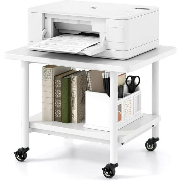 Under Desk Printer Stand, 2-Tier Mobile Printer Table with Storage Shelf, Lockable Wheels & Metal Frame, Rolling Printer Cart Holder, Storage Rack for Home Office Scanner Fax Machine (White)
