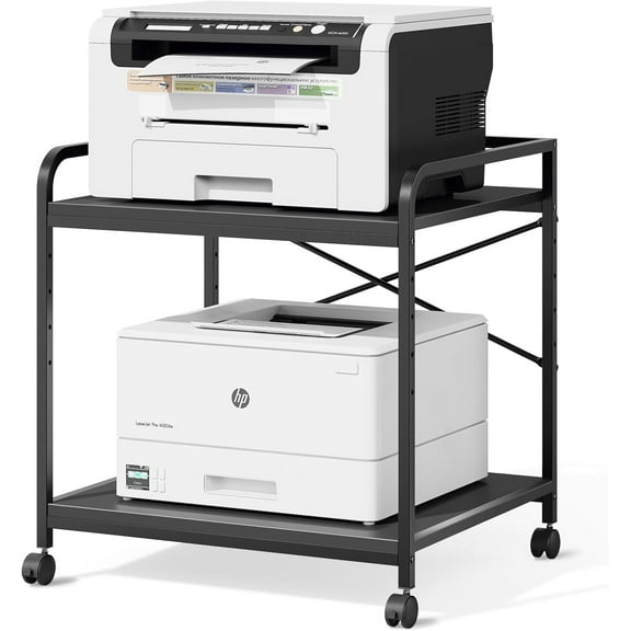 Under Desk Printer Stand - Large Printer Table with Adjustable Storage Shelf - 2 Tier Rolling Printer Cart with Wheels - Use for 3D, Laser, Home Office (Black)