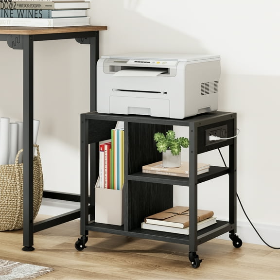 Under Desk Printer Stand with Power Outlets and USB Charging Ports, Desktop Printer Table with Storage Shelf, 3 Tier Mobile Printer Stand Rolling Printer Cart with Wheels for Home Office