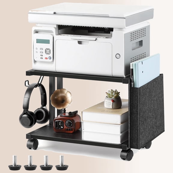 Under Desk Printer Stand Small Printer Table with Storage 2 Tier Printer Cart with Wheels Desktop Printer Stands for Office Home Scanner Printer (Black)