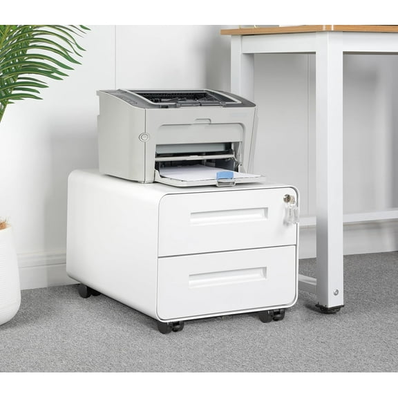 Under Desk Printer Stand with Storage – 2-Drawer Printer Table for Home & Office, Mobile Printer Cart with 2 Sets of Casters and Lockable Drawers, 4 Keys, White
