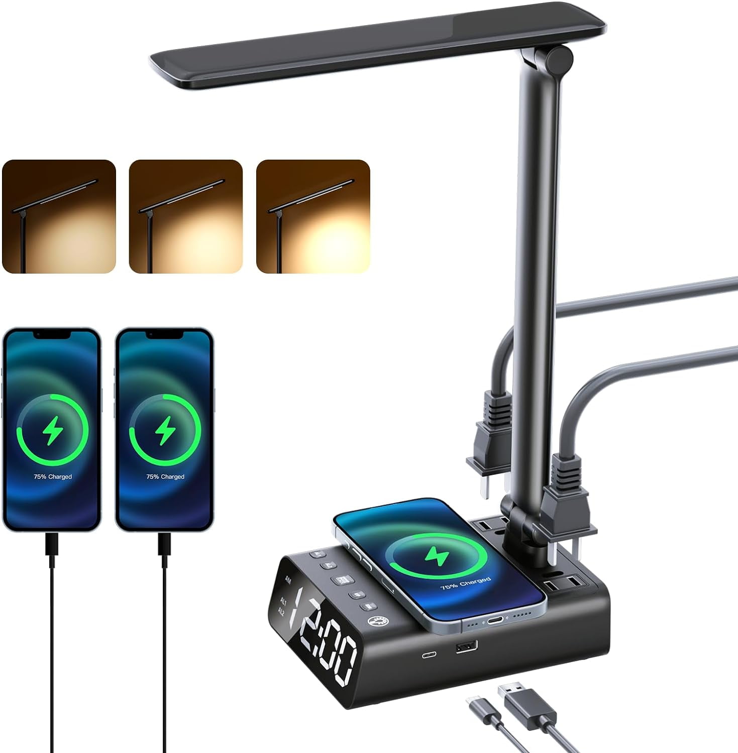 Desk Reading Lamp - 3 Adjustable Brightness Levels with USB C and A Ports - Black Alarm Clock Bedside Lamp with Wireless Charging for Reading Lighting