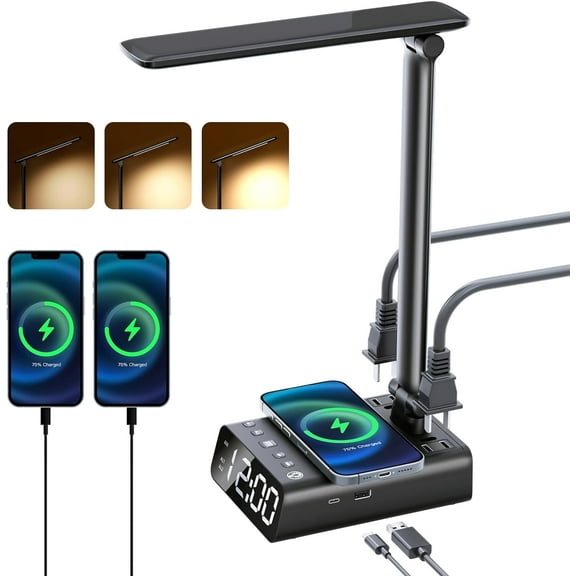 Desk Reading Lamp - 3 Adjustable Brightness Levels with USB C and A Ports - Black Alarm Clock Bedside Lamp with Wireless Charging for Reading Lighting