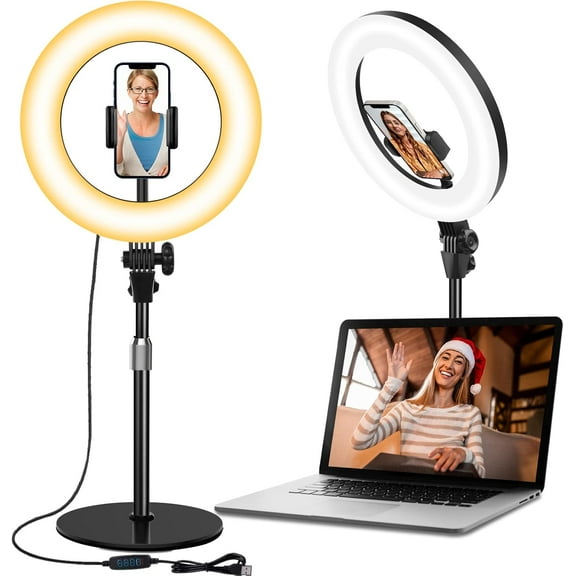 Desk Light with Stand - 10.5'' Desktop Light with Phone Holder for Video Recording, Circle Light for Computer Zoom Meeting Video Conference Lighting Video Calls Podcast Streaming