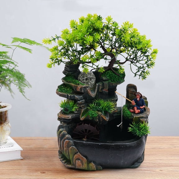 Desk Rockery Fountain Waterfall Decor LED Color Chane Lamp Feng Shui Water Sound