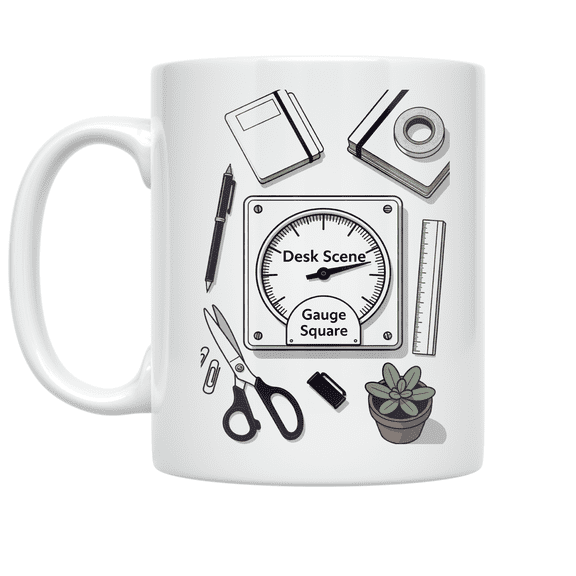 Desk Scene Gauge Square Design - Crafting Enthusiast - 11 oz Ceramic Coffee Mug