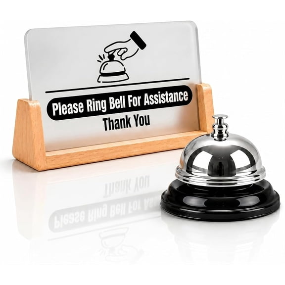 Desk Service Bell Kit with Please Ring for Assistance Sign, Front Acrylic Counter Sign and Beech Wood Stand Office Reception, Retail Store, Clinic, Warehouse