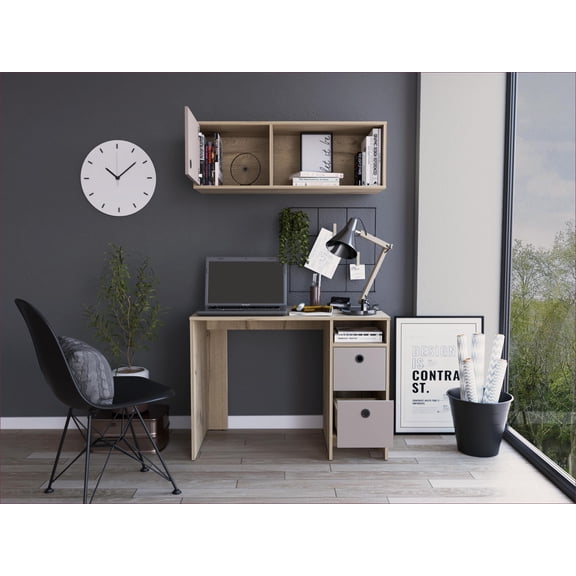 Desk Set, Modern 2-Piece Office Furniture with Desk & Wall Cabinet | 39.3W Desk, 2 Drawers, 1 Shelf | Particle Board | Multicolor
