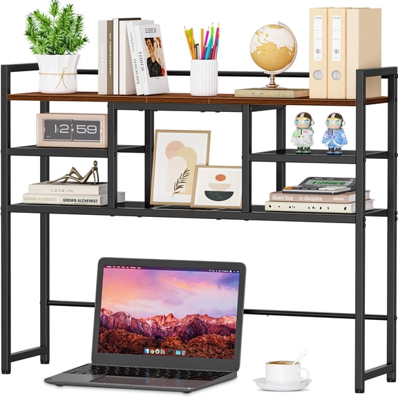 Desk Shelf, 38.6" Desktop Bookshelf, Desk Hutch Dorm, Countertop Storage Hutch with 5 Shelves for Computer Desk, Multipurpose Wood Desktop Display Organizer Rack for Home Office Dorm