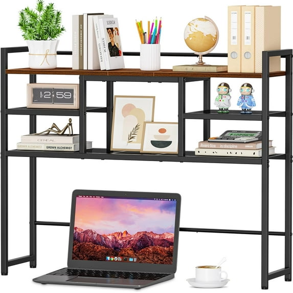 Desk Shelf, 38.6" Desktop Bookshelf, Desk Hutch Dorm, Countertop Storage Hutch with 5 Shelves for Computer Desk, Multipurpose Wood Desktop Display Organizer Rack for Home Office Dorm