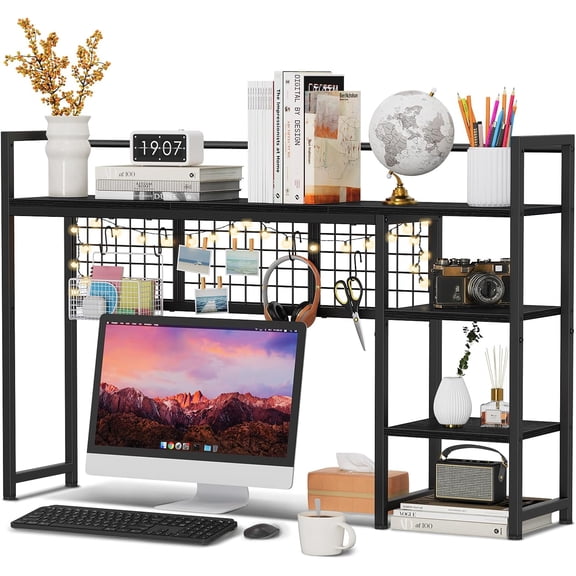 Desk Shelf, 38.6" Desktop Organizer Shelf, Desk Hutch for Computer Monitor, 4 Tier Desk Display Rack with Pegboard Hooks Set, Wood Desktop Bookshelf for Home Office Dorm, Black