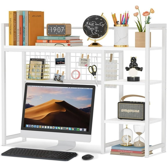 Desk Shelf, 38.6" Desktop Organizer Shelf, Desk Hutch for Computer Monitor, 4 Tier Desktop Display Rack with Pegboard Hooks Set, Wood Desk Bookshelf for Home Office Dorm, White