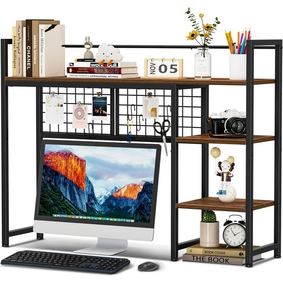 Desk Shelf, 38.6" Desktop Organizer Shelf, Desk Hutch for Computer Monitor, 4 Tier Desk Display Rack with Pegboard Hooks Set, Wood Desktop Bookshelf for Home Office Dorm