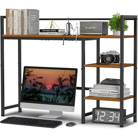 Desk Shelf, 38.6" Desktop Organizer Shelf, Desk Hutch for Computer Monitor, 4 Tier Desk Display Rack, Wood Desktop Bookshelf Storage Rack for Home Office Dorm, Rustic Brown