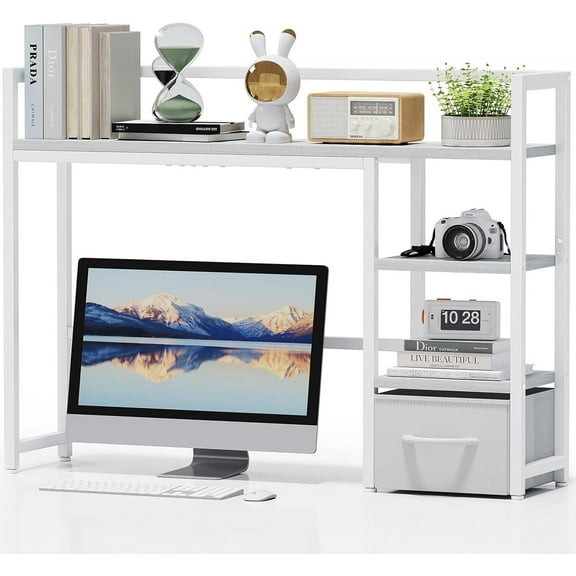 Desk Shelf with Drawer, 40" Desk Hutch for Computer Monitor, Desk Shelf for top of Desk, Wooden Desktop Bookshelf Storage Rack for Home Office Dorm - White