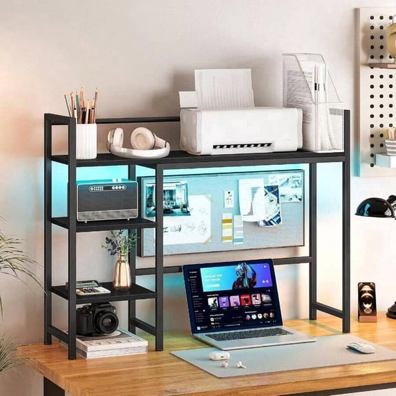 Desk Shelf with LED Strip, 38.6" Desktop Organizer Shelf, Desk Hutch for Computer Monitor, 4 Tier Desk Display Rack, Wood Desktop Bookshelf Storage Rack for Home Office Dorm