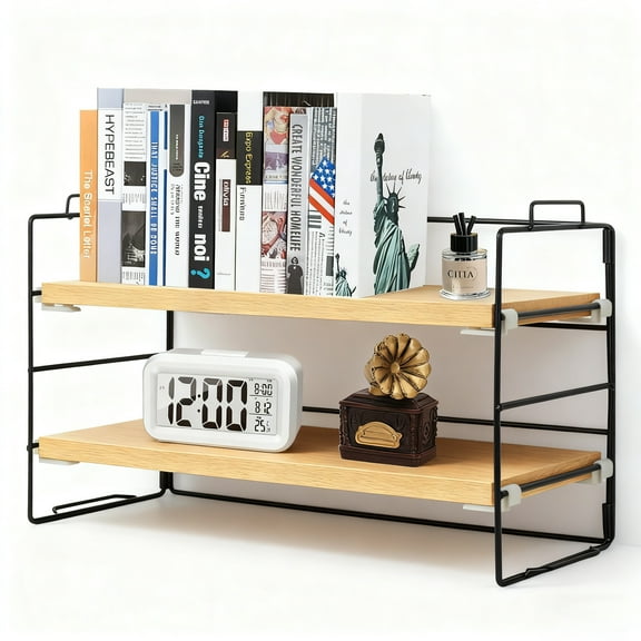 Desk Shelf Organizer, 2-Tier Desktop Shelves with Wood Board, Adjustable Bookshelf Storage Rack for Home Office School Study Room