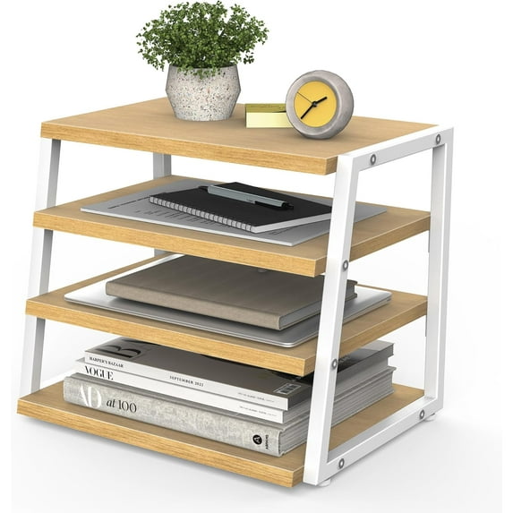 Desk Shelf Organizer, 4 Tier Desktop Shelf, Wood and Metal Office Shelves, Corner File Organizer for Office Supplies, Top of Desk Organizers and Accessories