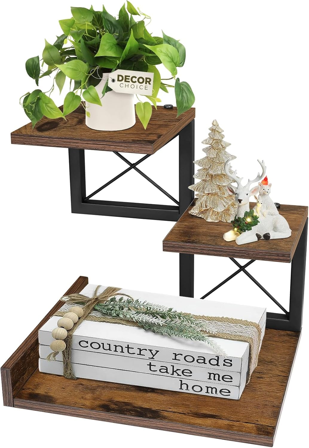 Desk Shelf Organizer, Wood Desktop Organizer Small Bookshelf, 3 Tier Storage Shelf Riser Display Stand for Office Decor and Desk Accessories, Rustic Brown Black