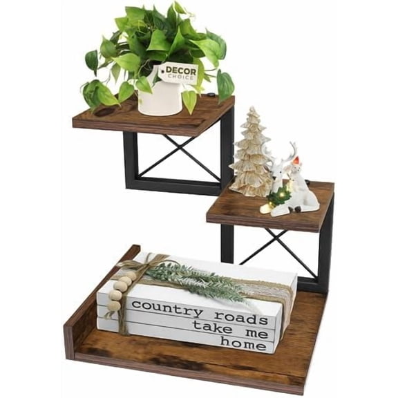 Desk Shelf Organizer, Wood Desktop Organizer Small Bookshelf, 3 Tier Storage Shelf Riser Display Stand for Office Decor and Desk Accessories, Rustic Brown Black