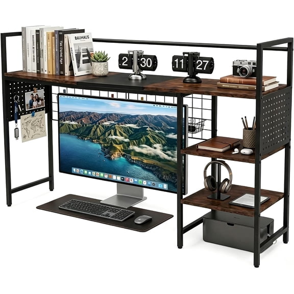 Desk Shelf Organizer with Pegboard & Hooks, Desk Hutch for Computer Monitor, Multi-Tier Wood Desktop Bookshelf Display Rack for Home Office Dorm Room