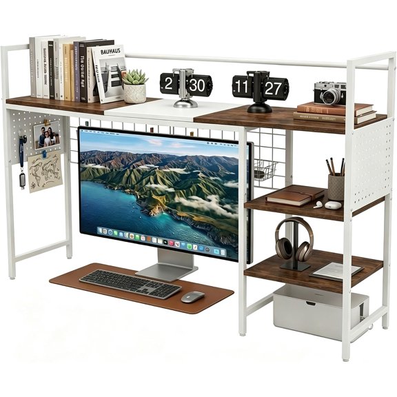 Desk Shelf Organizer with Pegboard & Hooks, Desk Hutch for Computer Monitor, Multi-Tier Wood Desktop Bookshelf Display Rack for Home Office Dorm Room