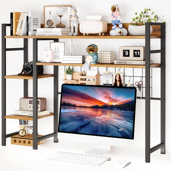 Desk Shelf, Wood Desk Organizer Shelf 4 Tier Countertop Desktop Bookshelf Cubicle Storage Rack Top of Desk, Desk Hutch Dorm for Top of Desk Pegboard Hooks Set Desktop Display Rack (Brown)