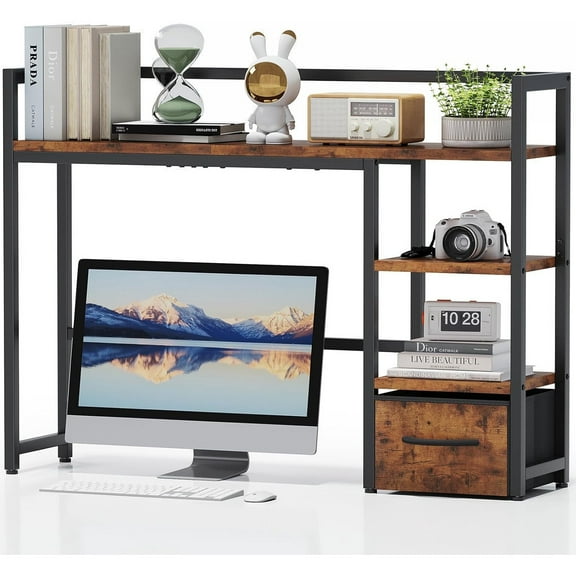 Desk Shelf with Drawer, 40" Desk Hutch for Computer Monitor, Wooden Desktop Bookshelf Storage Rack for Home Office Dorm - Dark Brown