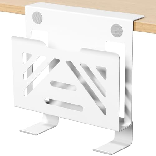 Desk Side Storage, Under Desk Laptop Mount, Table Side Hanging File Organizer, No Drill Clamp On Cable Management Tray, Laptop Holder with 2 Hooks for Office and Home, Load 22 Lbs