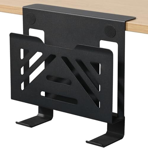 Desk Side Storage, Under Desk Laptop Mount, Table Side Hanging File Organizer, No Drill Clamp On Cable Management Tray, Laptop Holder with 2 Hooks for Office and Home, Load 22 Lbs