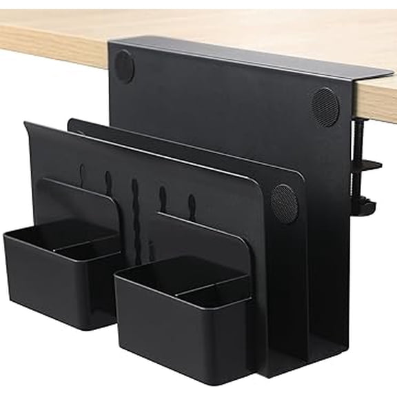 Desk Side Storage, Under Desk Laptop Mount, Table Side Hanging File Organizer, No Drill Clamp On Cable Management Tray, Laptop Holder with Magnetic Pen Holder for Office and Home, Load 22 Lbs