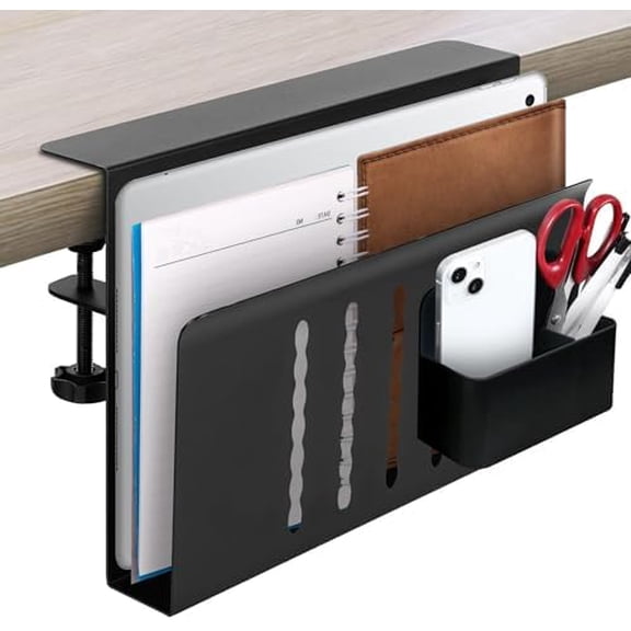 Desk Side Storage Heavy-Duty Steel Laptop Holder Desk Attachment with Magnetic Pen Holder, Side Table No Drill Clamp Desk Organizer, Hanging Desk Organizer for Home & Office Black$$Office