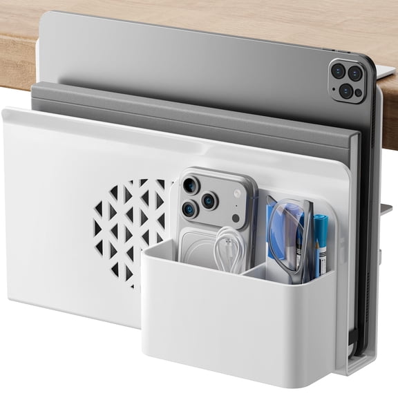 Desk Side Storage  Metal Laptop Holder With Magnetic Pen Box Clamp-on Under Organizer Holes & Anti-scratch Pads For Office And Home (white)