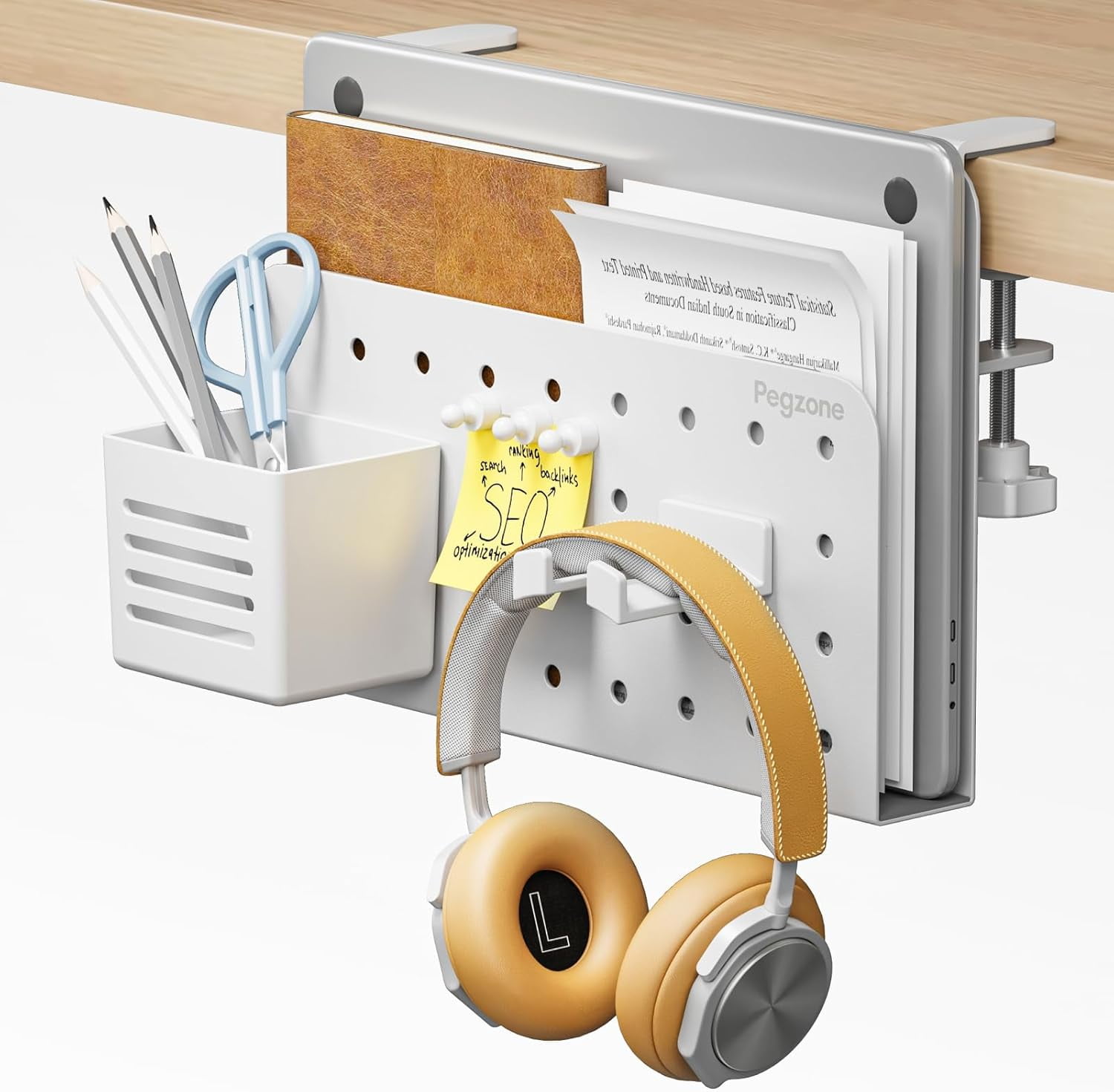 Desk Side Storage Organizer, Clamp-On Under Desk Laptop Holder with Pegboard Accessories, Hanging Shelf for Laptops/Tablets, Fits 0.4"–2.2" Desk Edge, White